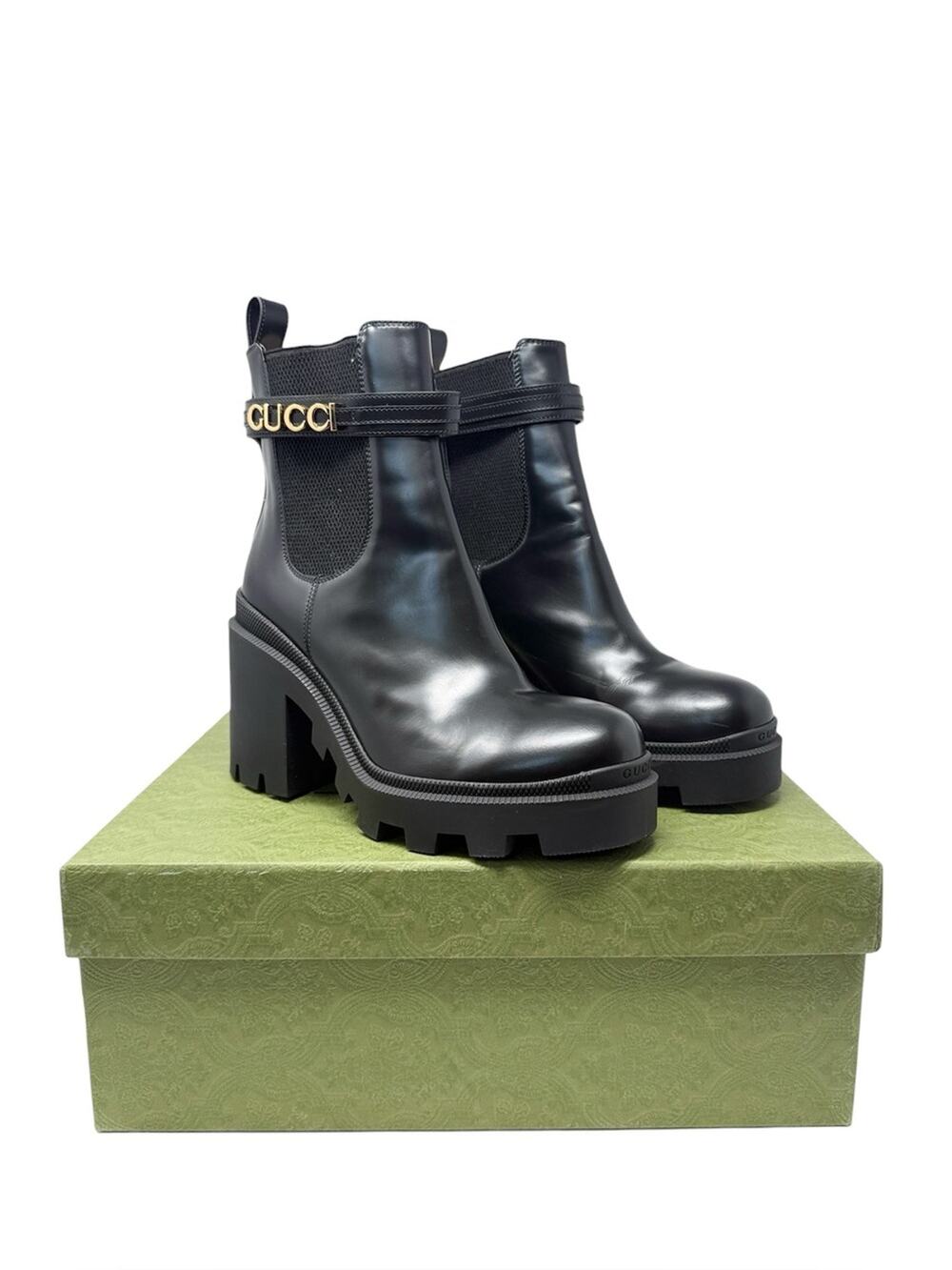 Gucci Trip Logo Strap Lug Sole Leather Combat Chelsea Boots Black Size 39.5